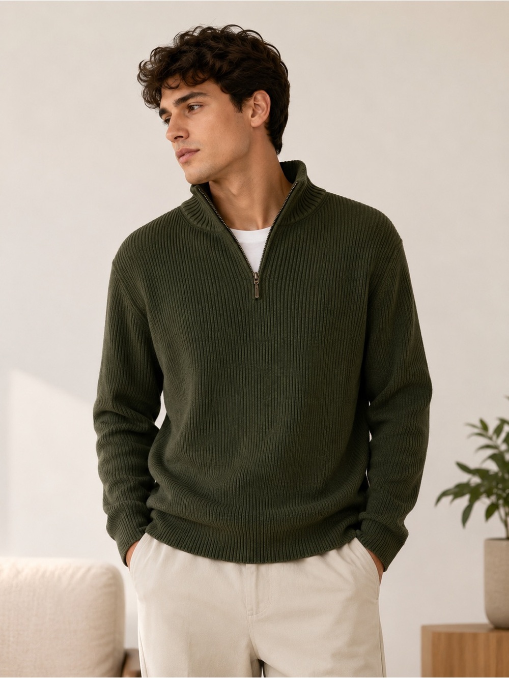 Cherokee Men’s Olive Green 100% Cotton Ribbed Quarter Zip Sweater Size Large
